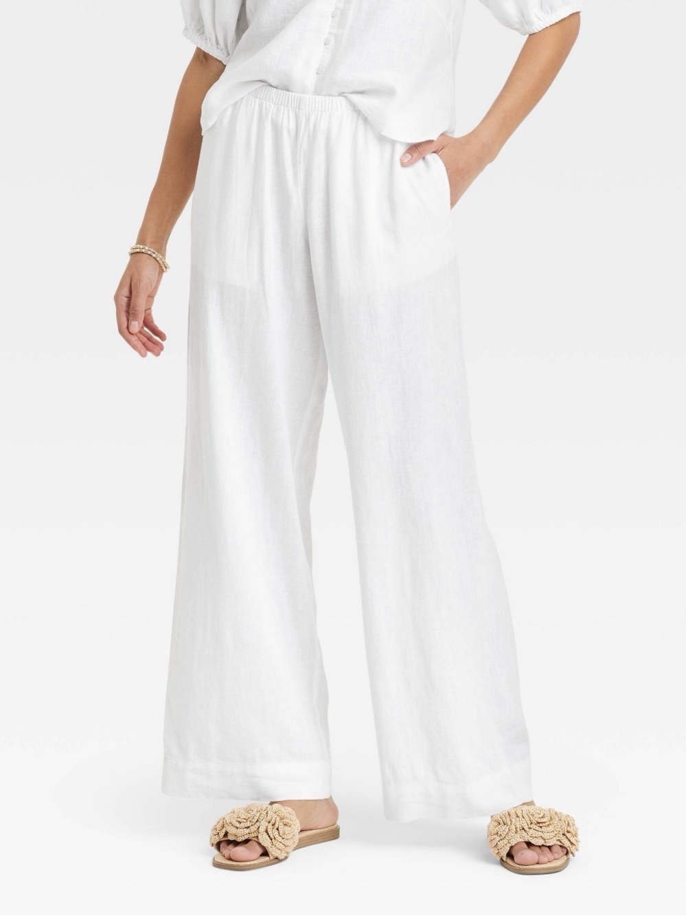 A New Day Wide-Leg Drawstring Linen Blend Pants - White